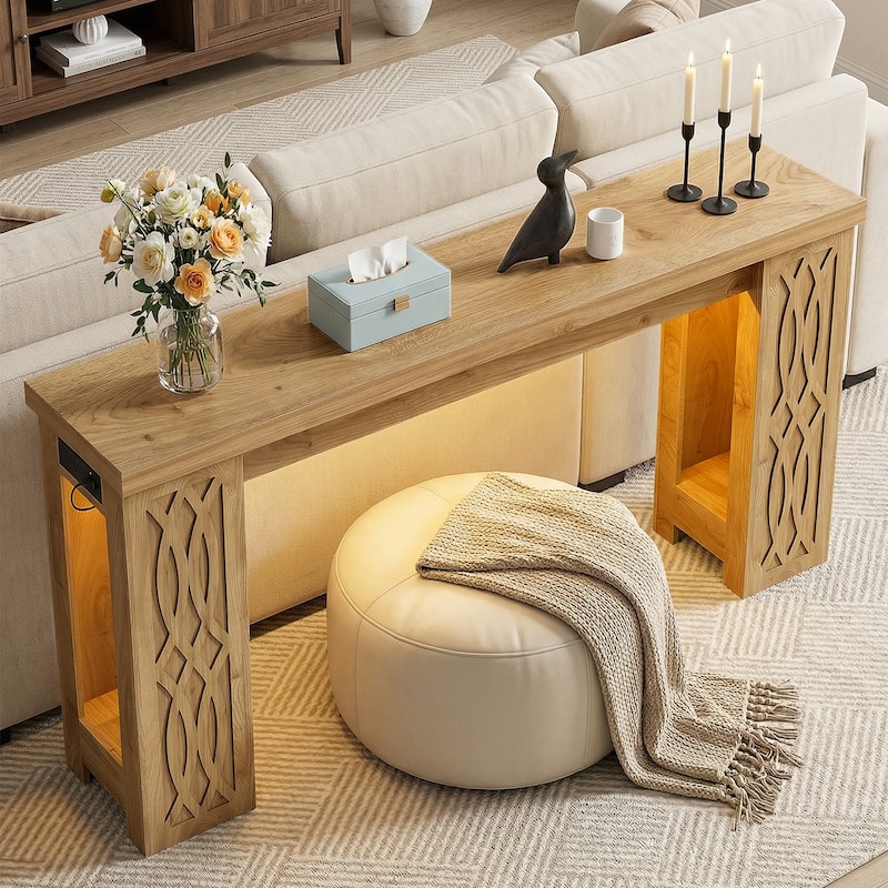 47" Farmhouse Console Table with RGB LED Light ＆ Power Outlets, Unique Carved Design Farmhouse Entryway Table Sofa Table