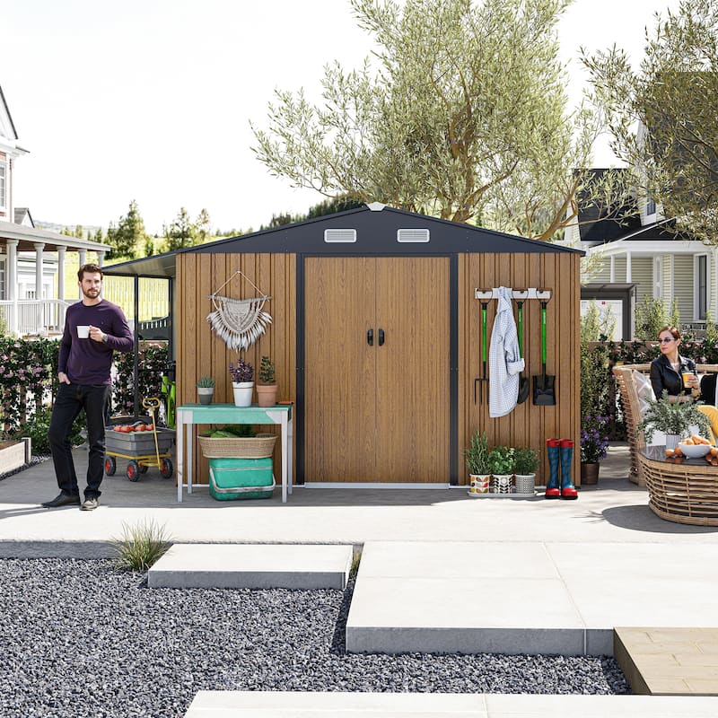 10x12 Ft Outdoor Storage Shed, Extra Large Metal Shed with Lockable Doors, Windows, Outside Steel Tiny House Ideal