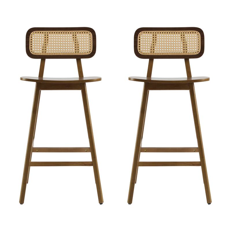 Natural Wood Bar Stools Set of 2 with Woven Rattan Backrest