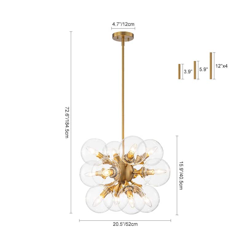 Mid-Century 12-Light Clear Glass Globe Round Bubble Chandelier 25.6in
