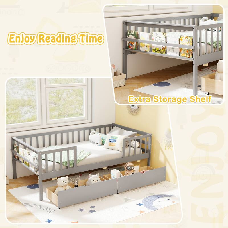 Gymax Twin Size Kids Bed w/Storage 2 Pull-out Drawers Side Shelf for