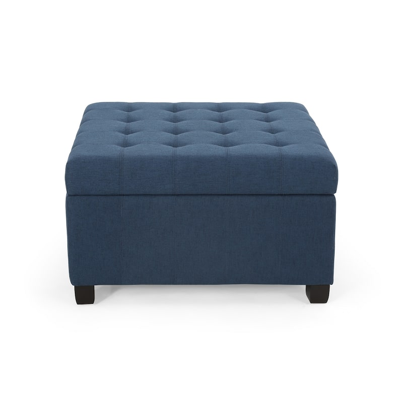 Cindy Ottoman, 31 Inch Square w Storage, Birch Wood, Blue Polyester