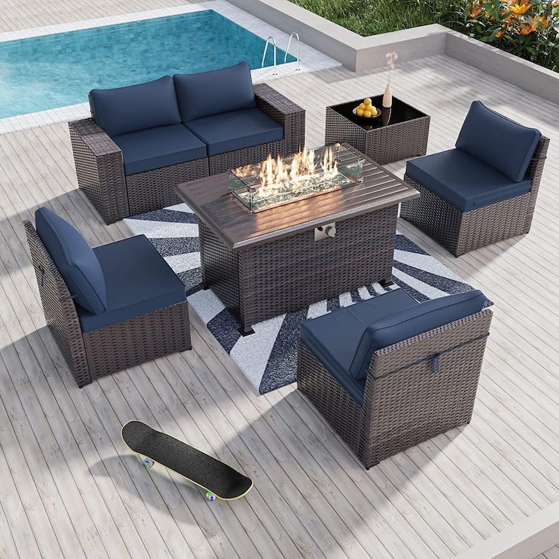 Outdoor Patio Furniture Set, All Weather PE Wicker Sectional Conversion Sofa set with Firepit(Optional) - 6Pcs w/Firepit - Navy Blue