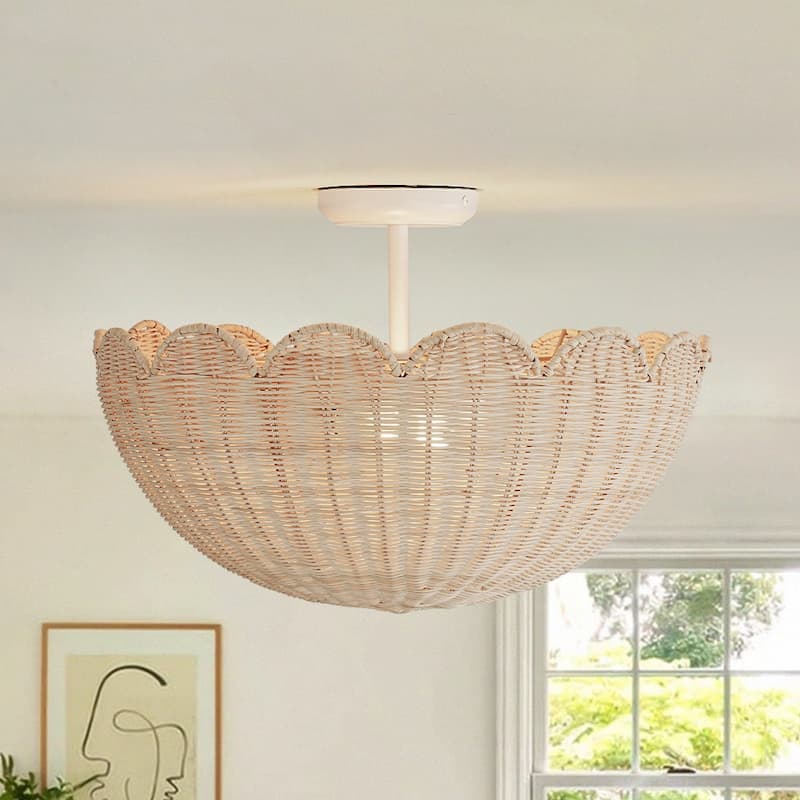 2-Light Coastal Style Scallop Rattan Semi Flush Mount - 17.7in