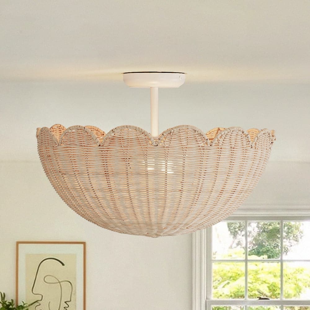 2-Light Coastal Style Scallop Rattan Semi Flush Mount - 17.7in