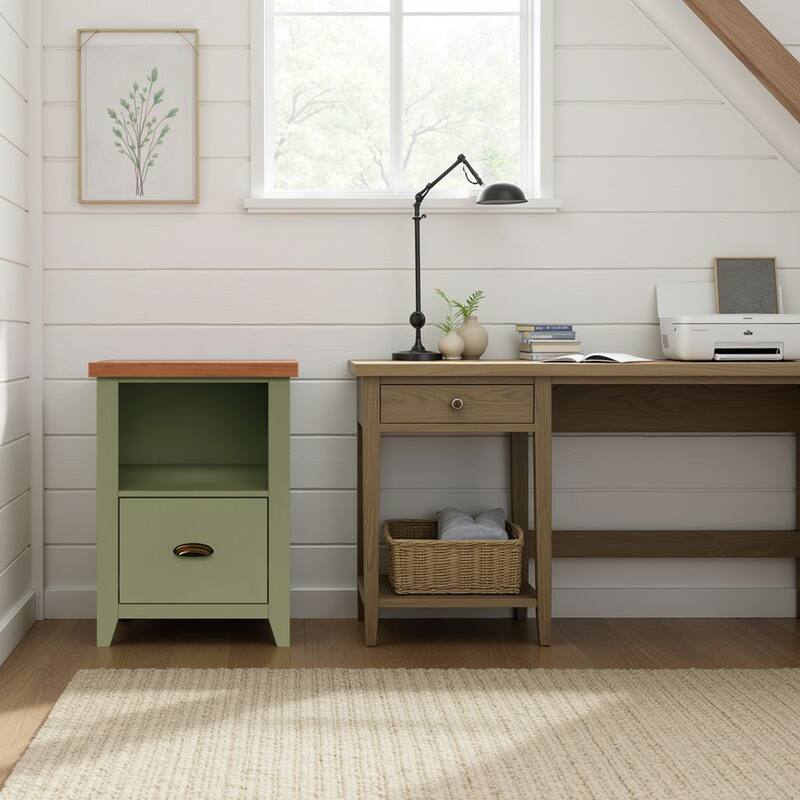 Bridgevine Home Modern Farmhouse 22 inch 1-drawer file, No Assembly Required, Two-Tone Finish - Sage Green and Fruitwood