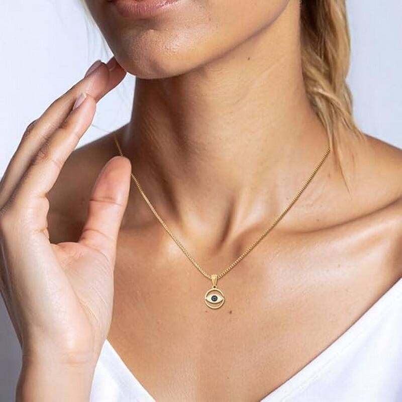 Curata 14k Yellow Gold 18" 15x9.2mm Small Polished Enameled Eye Circle Necklace