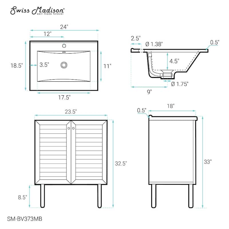 Swiss Madison SM-BV373MB Bron 24" Free Standing Single Basin Vanity