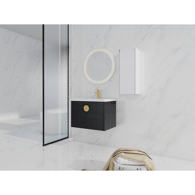 28" Floating Bathroom Vanity with Ceramic Sink, Soft-Close Doors, Wall-Mounted Side Cabinet, Black Chestnut