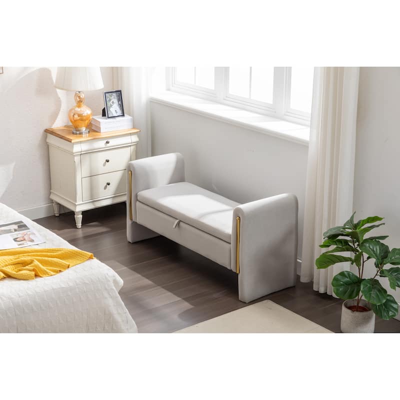 53" Modern Storage Bench with 300lb Seating, Velvet Upholstered Bed Bench with Wood Legs Safety Hinge