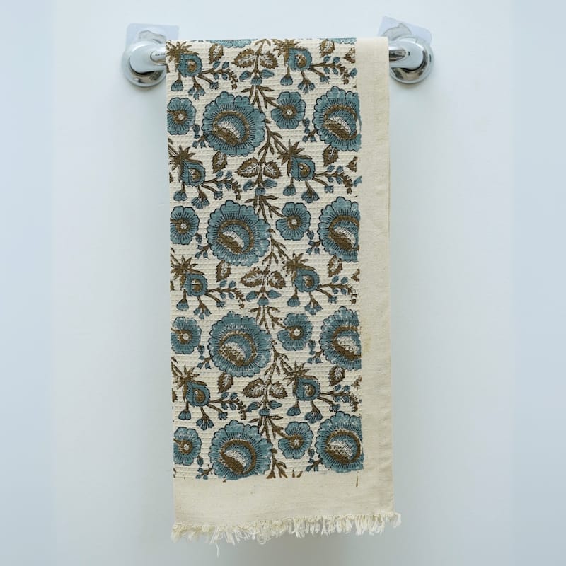 Fabdivine Honeycomb or Waffle Weave Hand Block Floral Print Hand Towel, Kitchen Gift Use