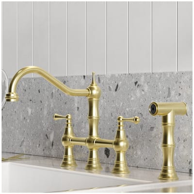 Antique Kitchen Sink Faucet - 8” Gold Kitchen Sink Faucet with Sprayer - Medium