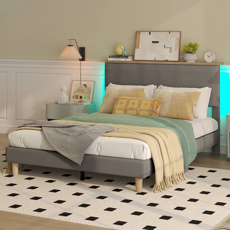 Bestier Bed Frame Velvet Upholstered Platform Bed Frame with Storage Headboard and LED Lights