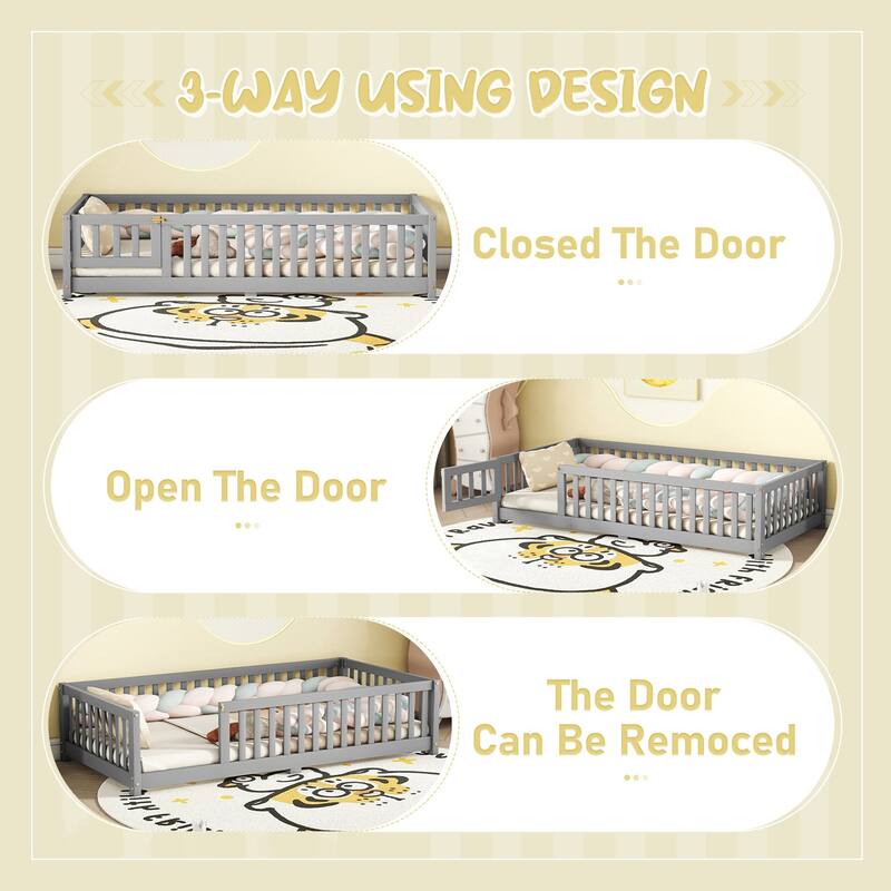 Twin/Full Size Floor Bed for Kids with Safety Guardrails and Door, Pine Wood, Low Profile Design