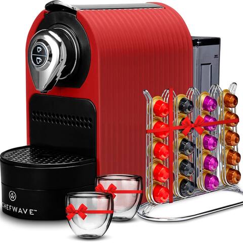 ChefWave Espresso Machine for use with Nespresso Capsules (Red), Holder and Cups - 5.9" x 12.8" x 9.8"