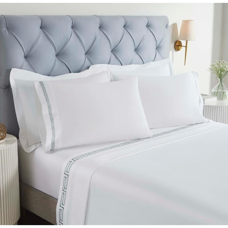Blue Nile Mills Haven Cotton Greek Key Embroidered Bed Sheet Set