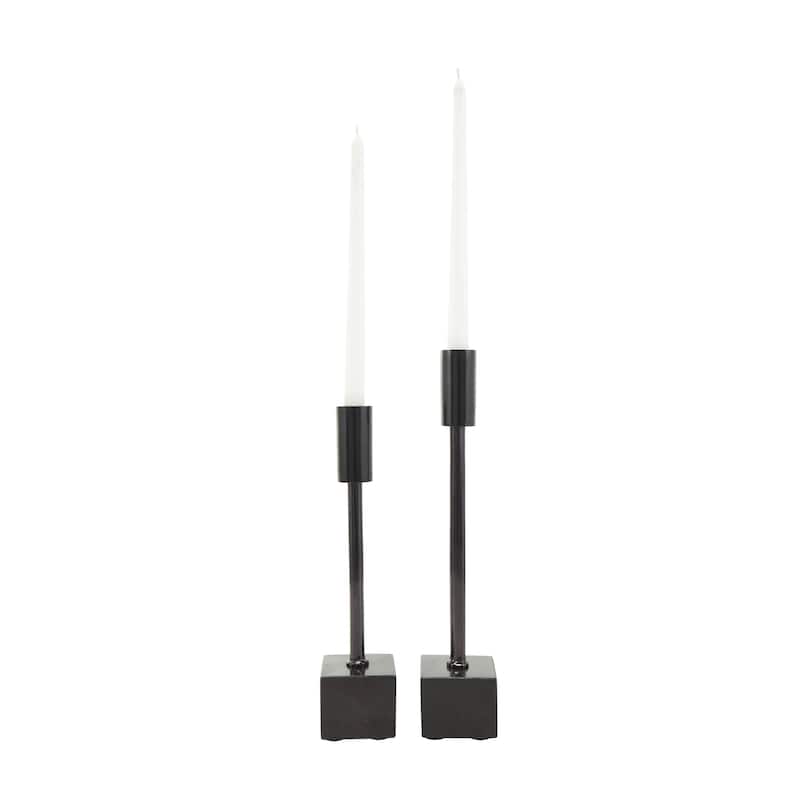 Aluminum Metal Slim Decorative Candle Holder with Black Block Bases - Set of 2 Silver or Black - Roche River Decor - Black