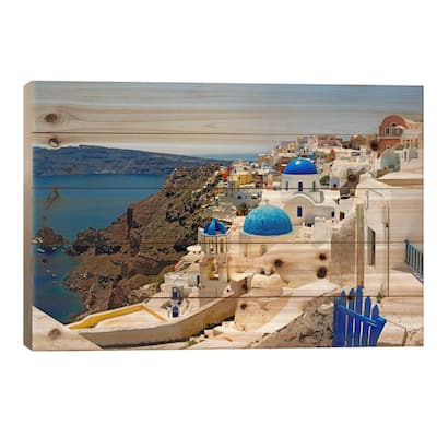 High angle view of a church, Oia, Santorini, Cyclades Islands, Greece Print On Wood by Panoramic Images - Multi-Color