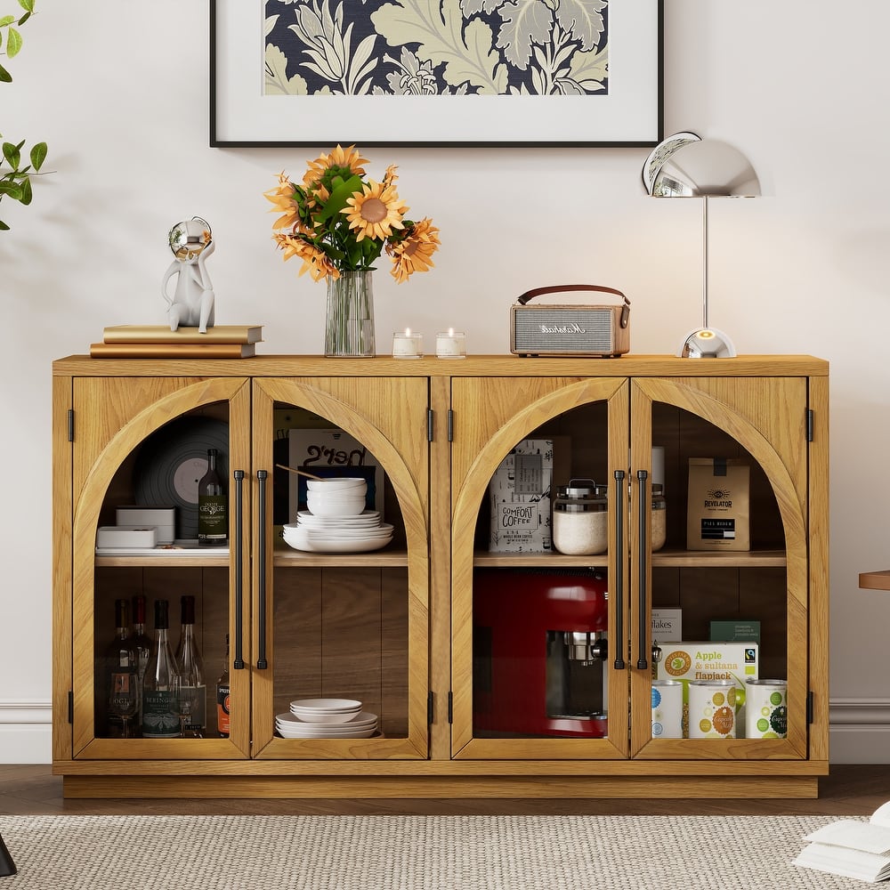 Roomfitters 4-Door Storage Sideboard Buffet Cabinet with Glass Doors, Arched Cabinet with Adjustable Shelves for Home Use