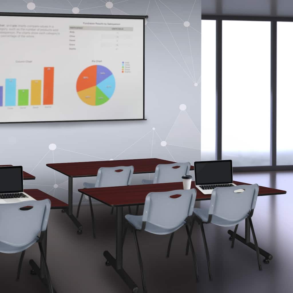 66" x 30" Training Table- Mahogany and 2 "M" Stack Chairs- Grey