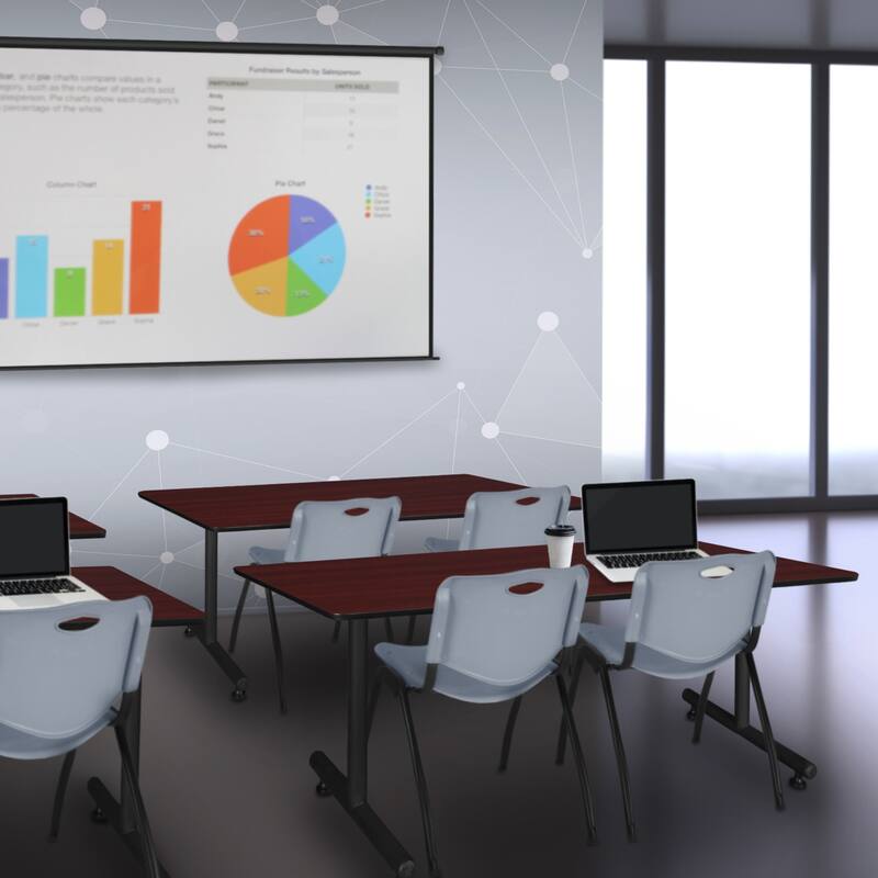 72" x 30" Training Table- Mahogany and 2 "M" Stack Chairs- Grey