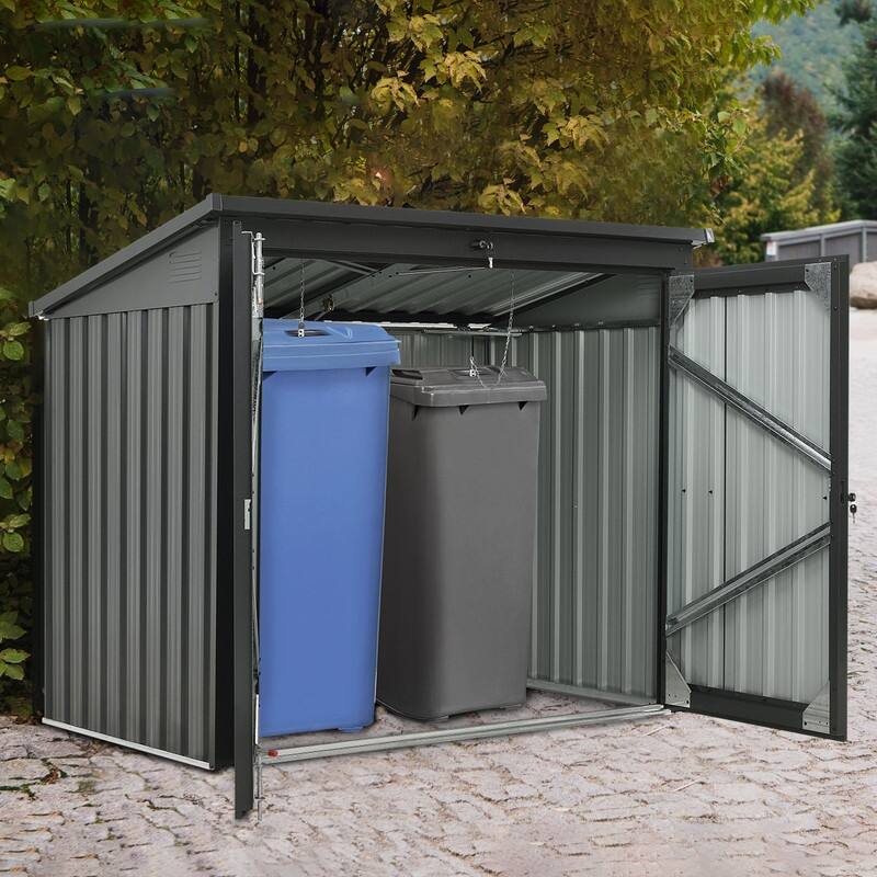 Black Metal Outdoor Garbage Bin Shed for Storing 2 Trash Cans, Made of Stainless Galvanized Steel