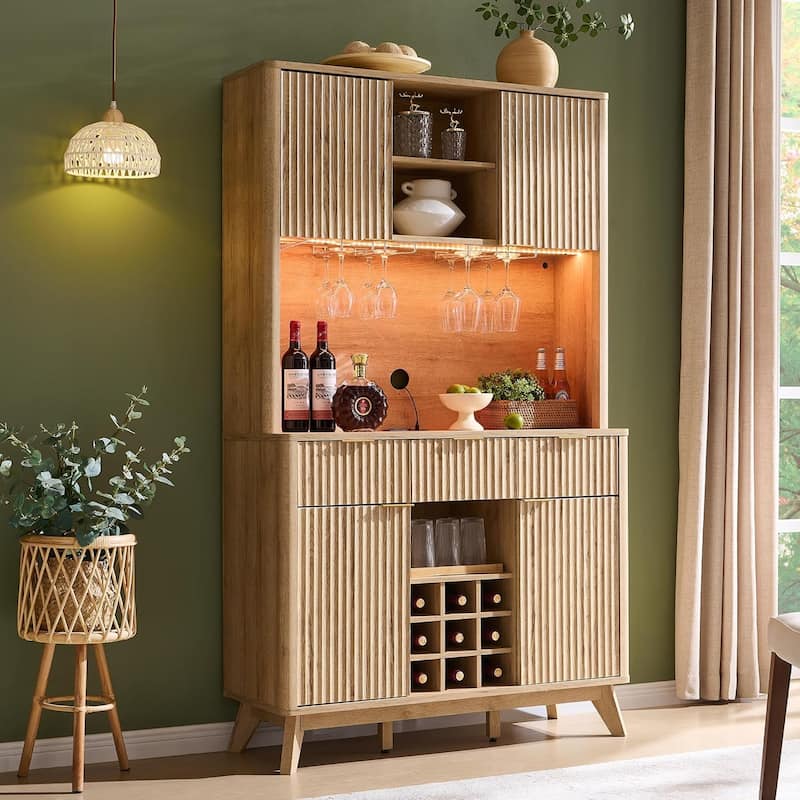 72" Wine Bar Cabinet, Modern Wood Coffee Bar Cabinet with LED Lights