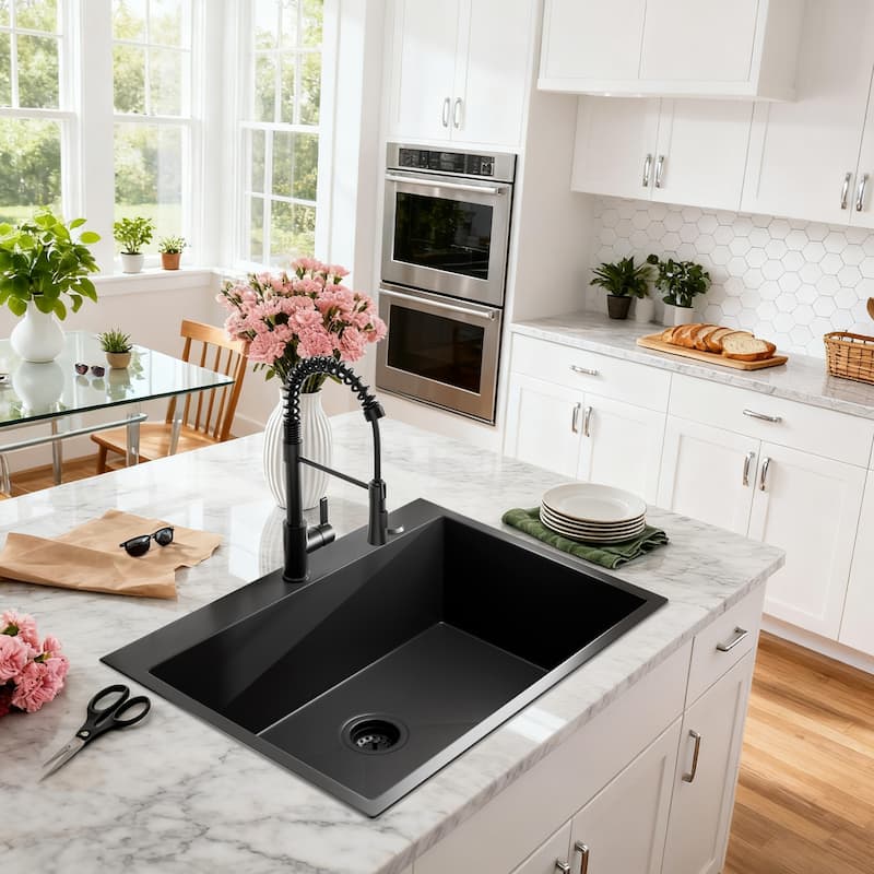 30 inch Drop-in Single Bowl Kitchen Sink, 18 Gauge Black Stainless Steel Kitchen Sink, Handmade Topmount Sink