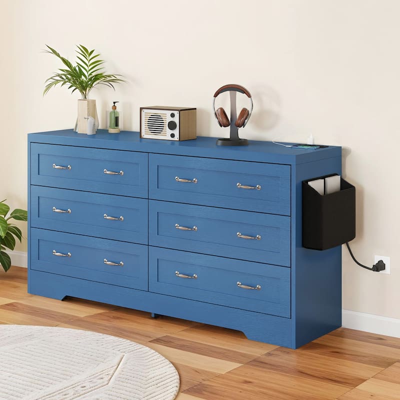 Moasis 6 Drawer Mid Century Modern 59" W Double Dresser - Blue