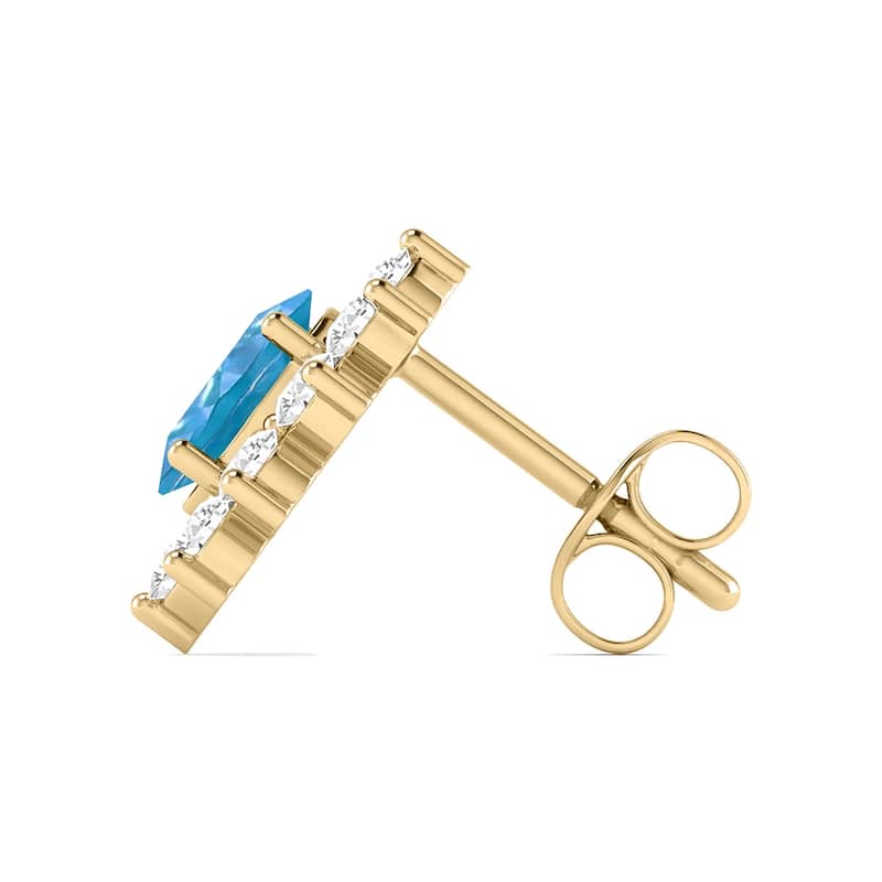Marquee Oval Shape Blue Topaz and Diamond Flower Earrings in 14K Yellow Gold