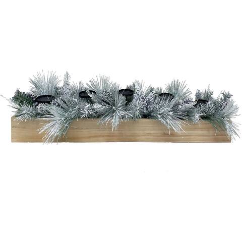 Fraser Hill Farm 42-inch 5-Candle Holder Centerpiece with Frosted Pine Branches and Pinecones in Wooden Box - 3.5 Foot