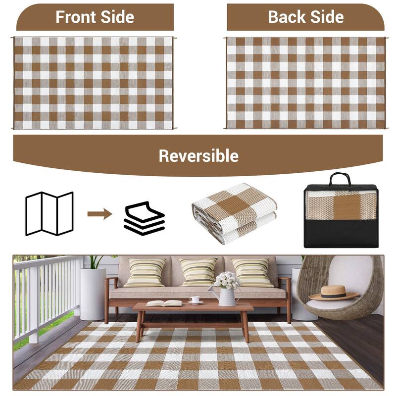 Outdoor Rug Waterproof Reversible Rug Indoor Outdoor Plaid Area Rug Plastic Straw Rug for Camping RV Backyard Patio