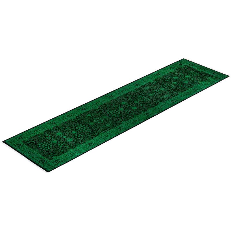 Overton Hand Knotted Wool Vintage Inspired Modern Contemporary Overdyed Green Runner Rug - 3' 1" x 12' 6"