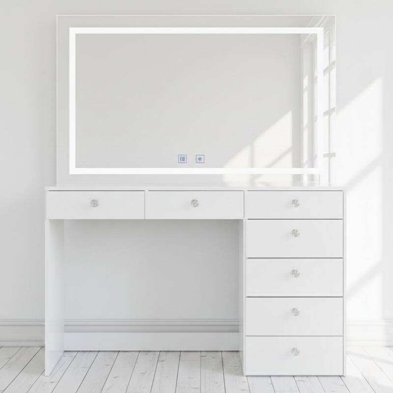 Boahaus Makeup Vanity Desk with LED Mirror & Bluetooth Speakers - White