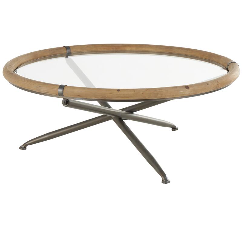 Brass Metal Round Living Room Coffee Table with Brown Wooden Framed Glass Tabletop