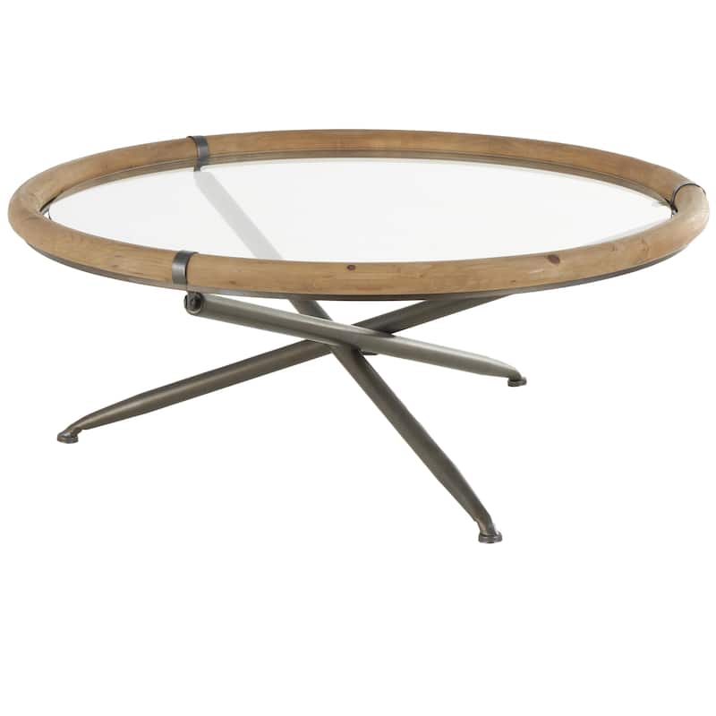 Metal Round Coffee Table with Brown Wooden Framed Glass Tabletop - Brass - Roche River Decor - Brass