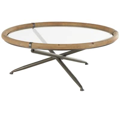 Metal Round Coffee Table with Brown Wooden Framed Glass Tabletop - Brass - Roche River Decor