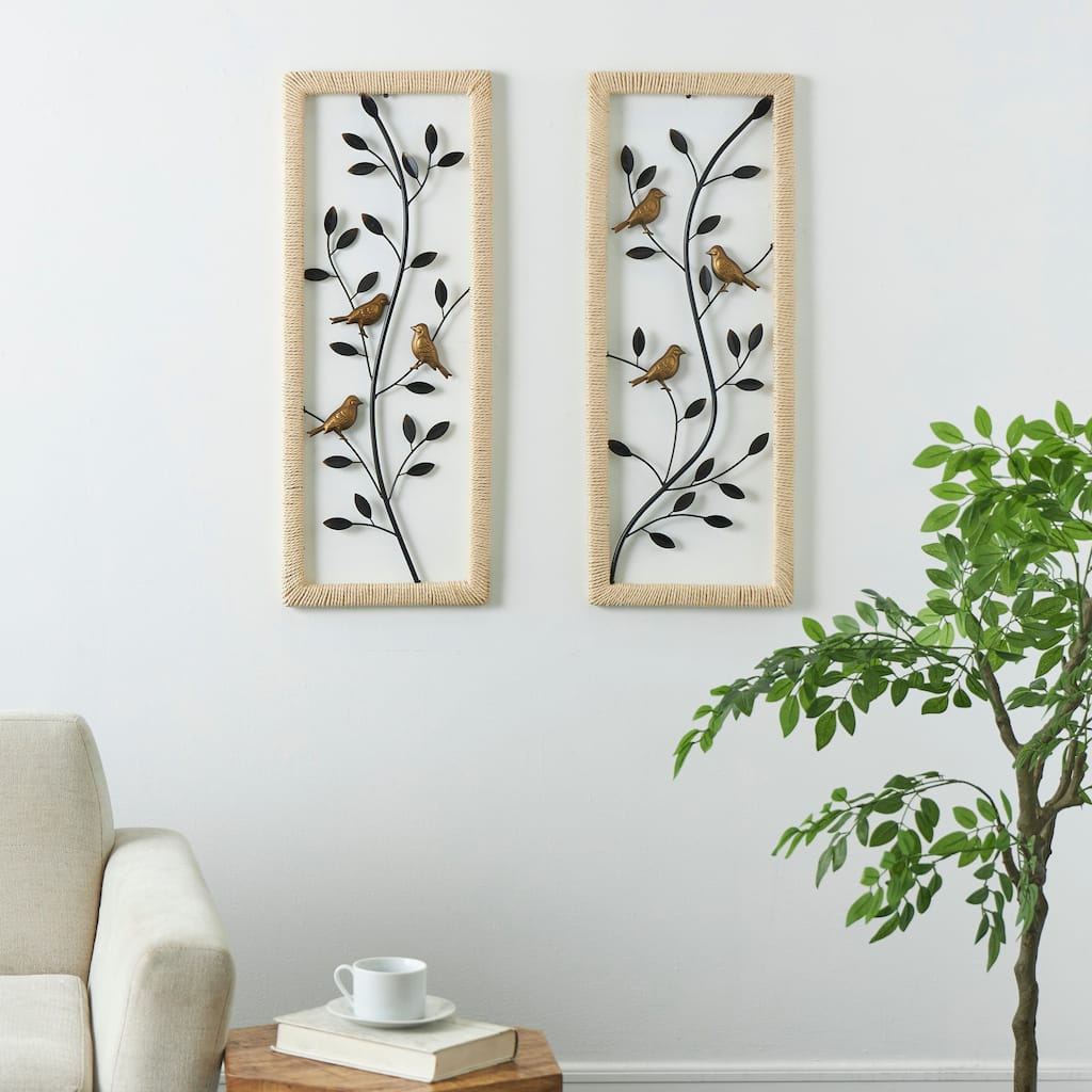 Black Metal Leaf Home Wall Decor with Cream Rattan Frame and Bronze Bird Accents (Set of 2)