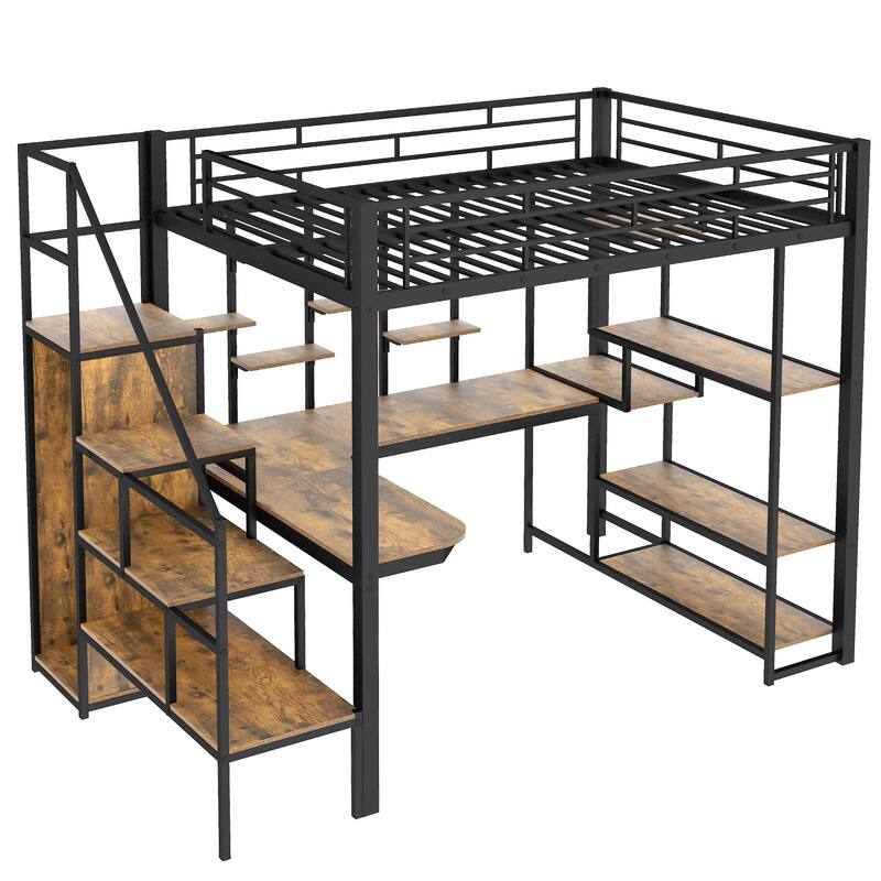Full Size Metal Loft Bed with Storage Staircase and Small Wardrobe, Built-in Desk and Storage Shelves