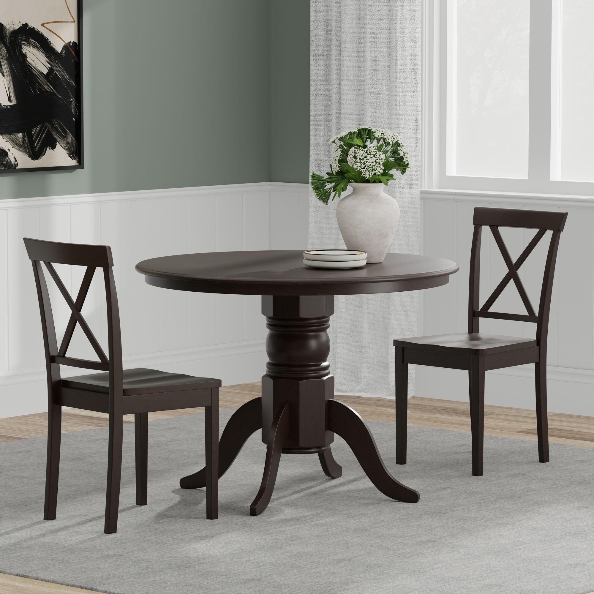 3-Piece Dining Set, 42" Round Pedestal Table and X-Back Chairs