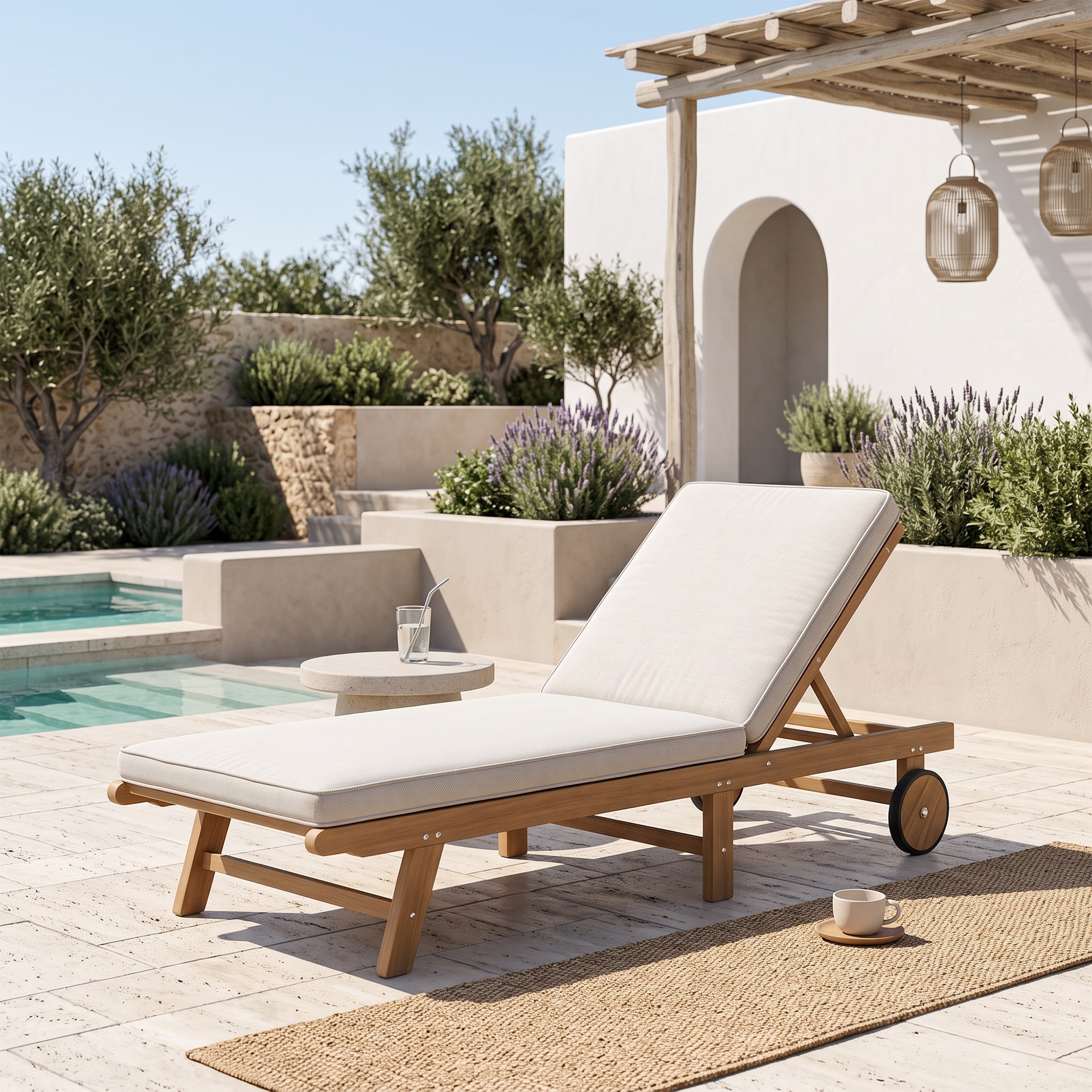 Outdoor Chaise Lounge Acacia Wood Patio Reclining Chair With Cushion Adjustable Backrest Height with Wheels