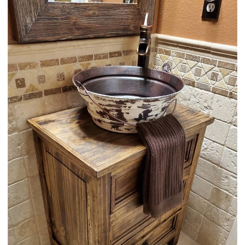 SimplyCopper 15" Round Copper Vessel Bucket Bathroom Sink with Antique White Exterior and Aged Copper Daisy Drain