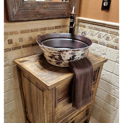 SimplyCopper 15" Round Copper Vessel Bucket Bathroom Sink with Antique White Exterior and Aged Copper Daisy Drain
