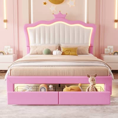Faux Leather Upholstered Princess Bed Platform Bed Frame with Adjustable Height Crown Headboard, LED Lights and Storage Drawer