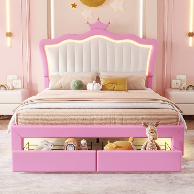 Full Size Upholstered Bed Frame with LED Lights, Crown Headboard, 2 Drawers, Pink+White