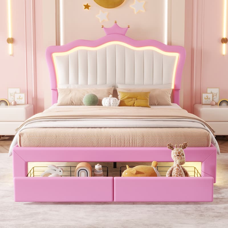 Full Size Upholstered Princess Bed Frame with LED Lights, Crown Headboard and 2 Drawers