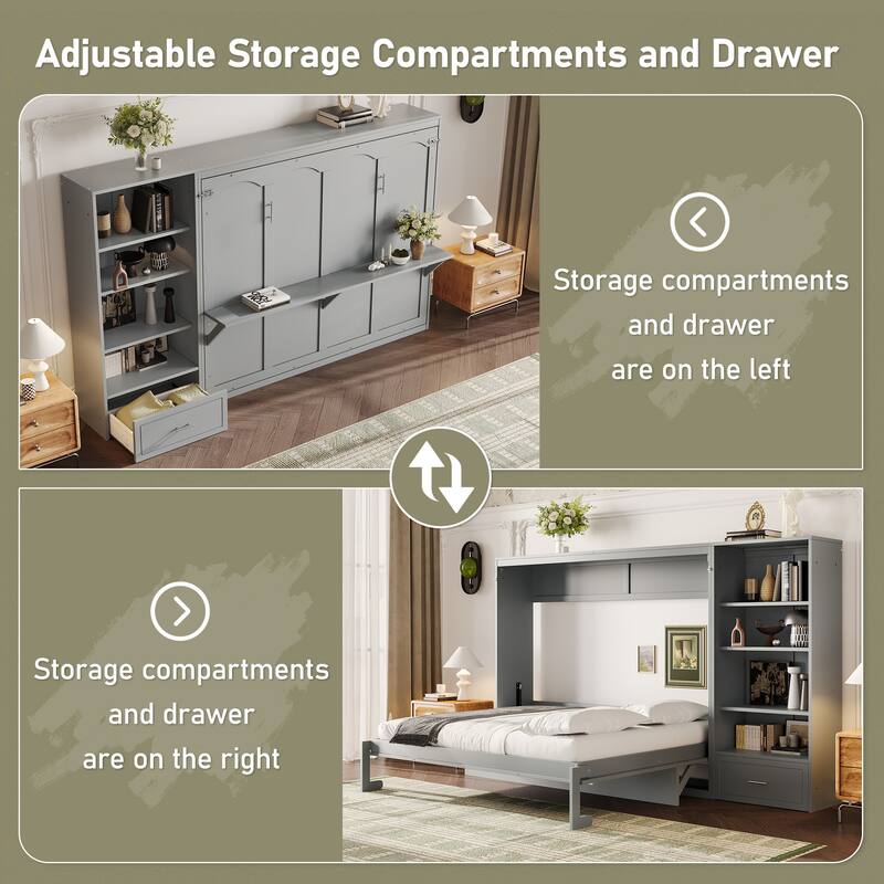 Queen Size Foldable Platform Bed With Height Adjustable Storage Compartments And Shelf,Wall Bed Frame With 1 Drawer