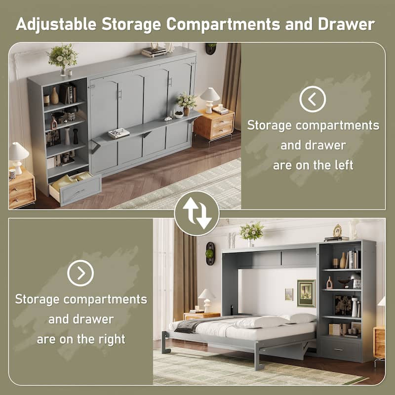 Queen Size Murphy Bed with Storage Compartments and Shelf