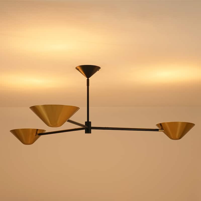 53.93" W 3-Light Modern Black & Brass Linear Sputnik Cone Semi-Flush Mount Ceiling Light - 53.94" W × 16.93" H