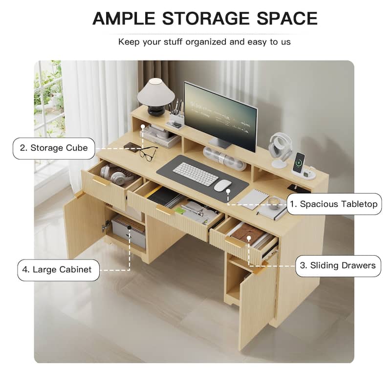 Pocassy Fluted Office Desk with Power Outlets Long Monitor Stand
